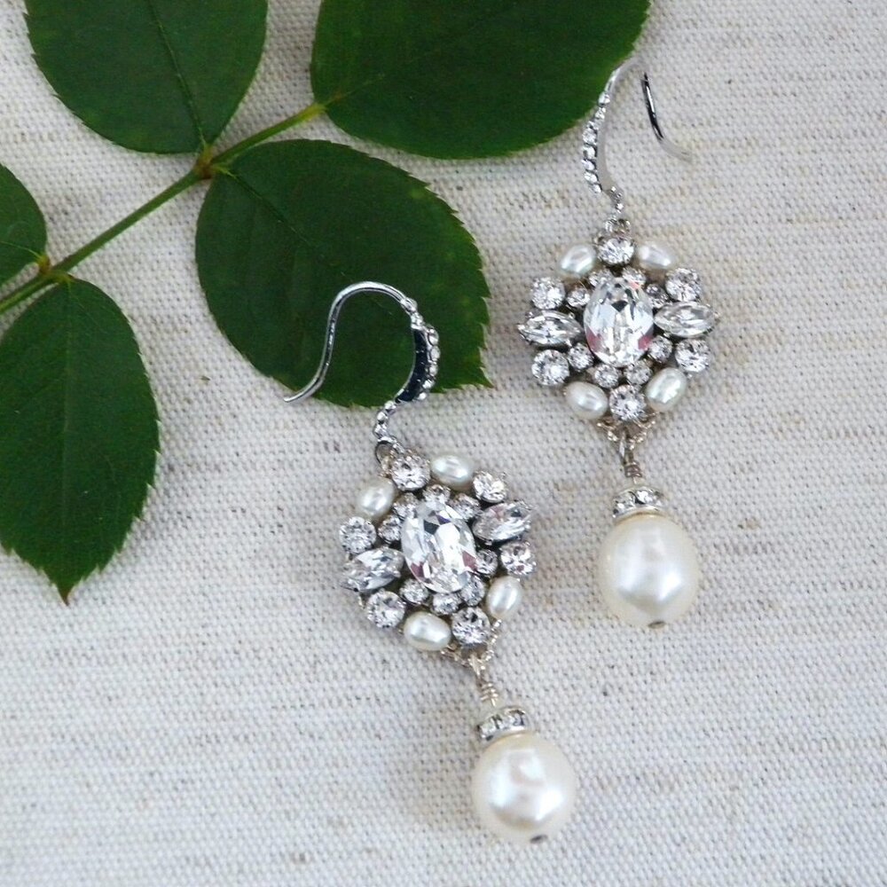 Haute Bride Modern Vintage Earrings with Pearl Drop, Bridal, Formal, NWT